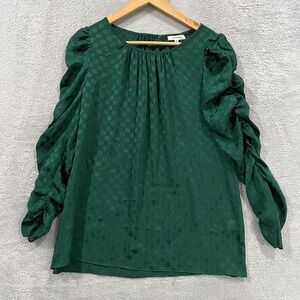 Max Studio Blouse Top Womens Medium Green Polka Dot Ruched Sleeve Keyhole Back